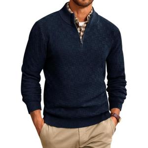imageRuncati Mens Quarter Zip Pullover Sweater Casual Mock Neck Slim Fit Checkered Knitted Polo SweatersNavy Blue