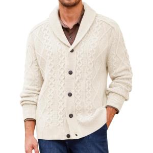 imageRuncati Mens Shawl Collar Cardigan Sweater Cable Knitted Button Down Sweaters Chunky Fall Winter OutwearBeige