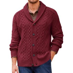 imageRuncati Mens Shawl Collar Cardigan Sweater Cable Knitted Button Down Sweaters Chunky Fall Winter OutwearBurgundy