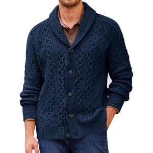 imageRuncati Mens Shawl Collar Cardigan Sweater Cable Knitted Button Down Sweaters Chunky Fall Winter OutwearNavy Blue