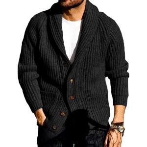 imageRuncati Mens Shawl Collar Cardigan Sweaters Button Down Open Front Knitwear Cable Knitted Ribbed Jackets OutwearBlack