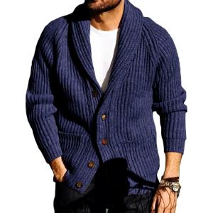imageRuncati Mens Shawl Collar Cardigan Sweaters Button Down Open Front Knitwear Cable Knitted Ribbed Jackets OutwearNavy
