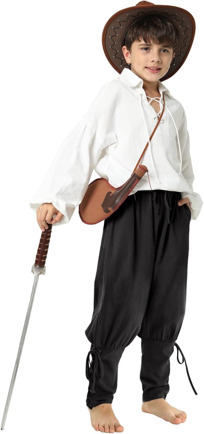imageBoys Kids Medieval Ankle Pants Renaissance Viking Pirate Costume Lace Up Tapered Banded Gothic TrousersBlack