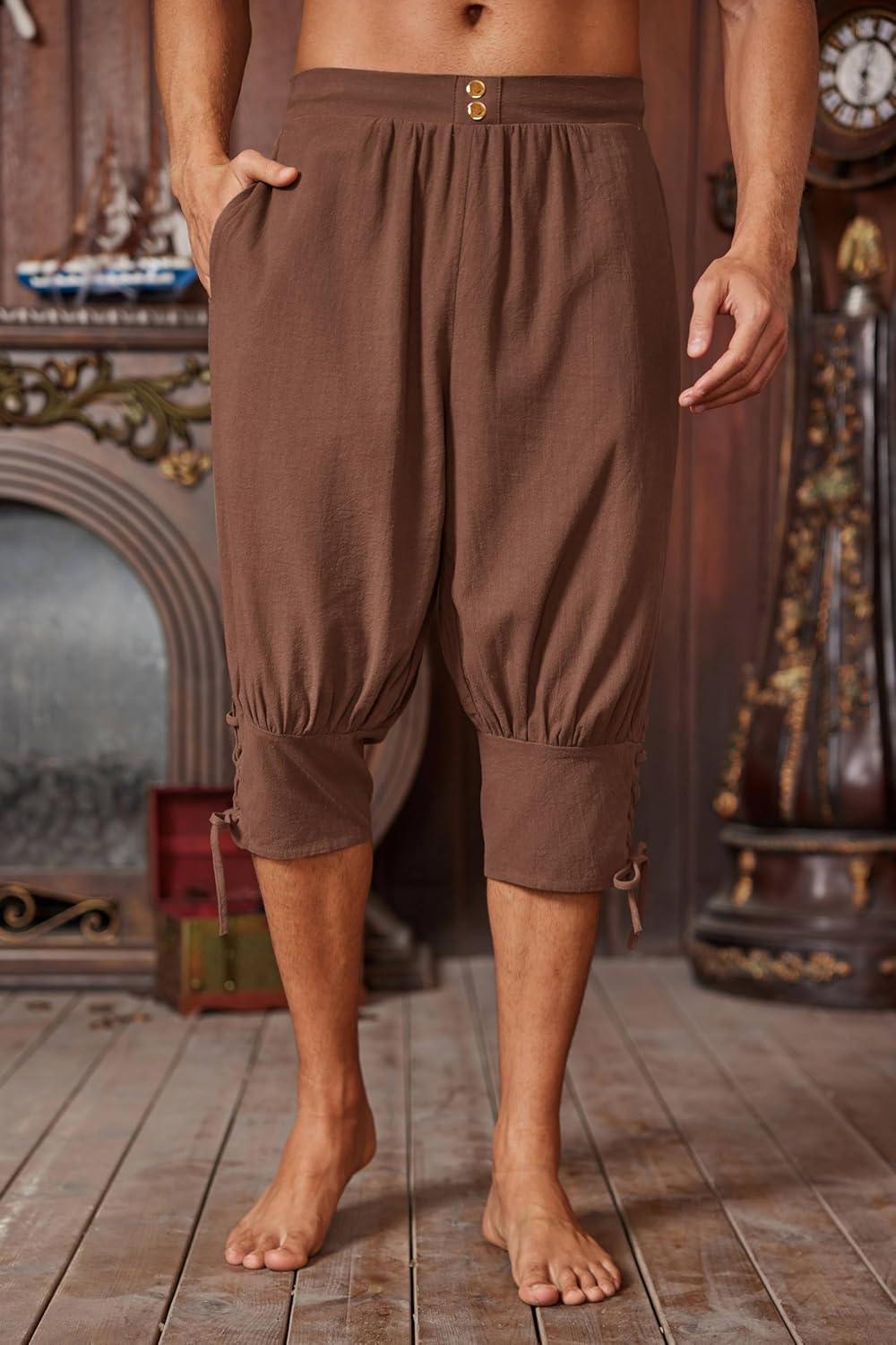imageRuncati Mens Pirate Shorts Medieval Renaissance Banded Pants Viking Navigator Halloween CostumeCoffee