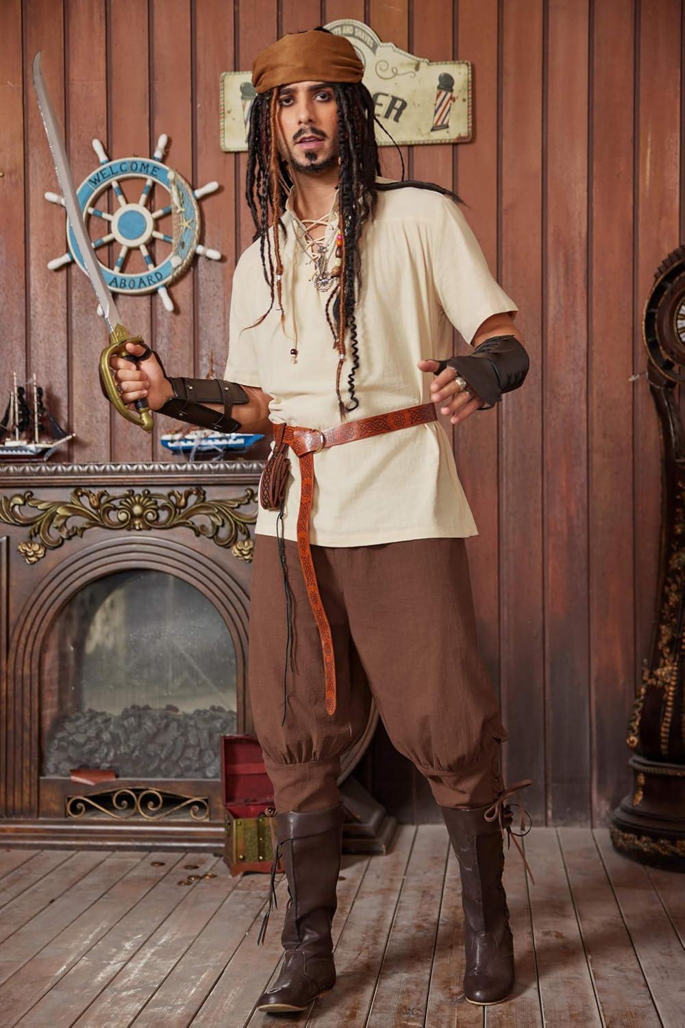 imageRuncati Mens Pirate Shorts Medieval Renaissance Banded Pants Viking Navigator Halloween CostumeCoffee