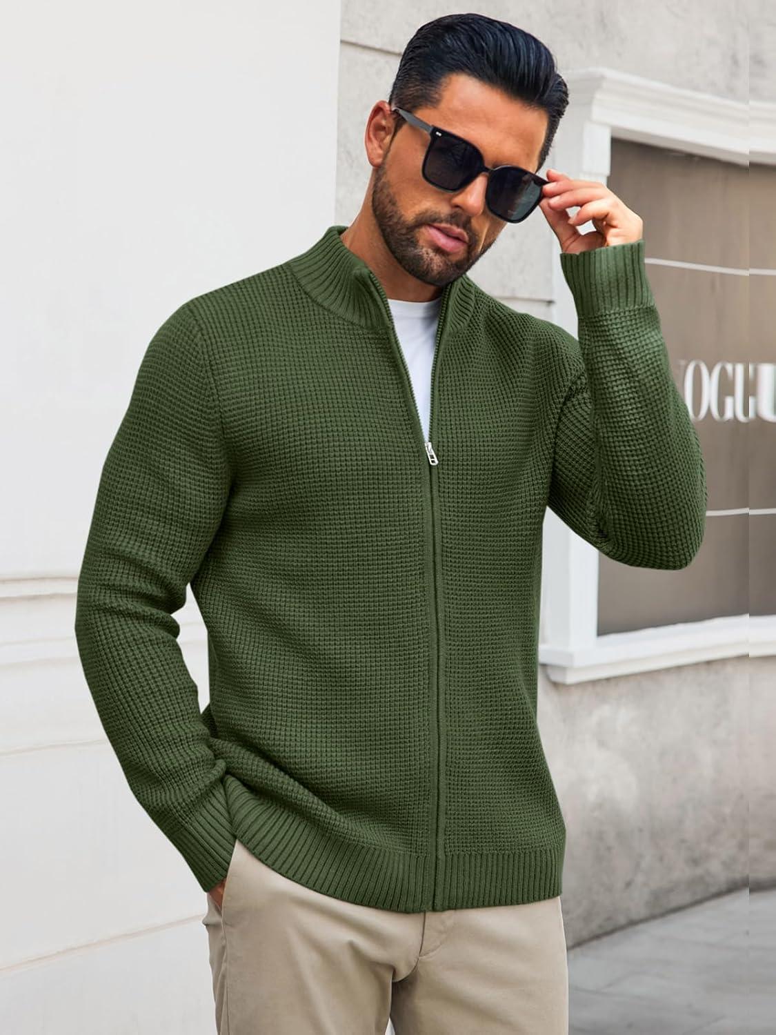 imageRuncati Mens Full Zip Cardigan Sweater Casual Waffle Stand Collar Knitted Winter Chunky SweatersArmy Green