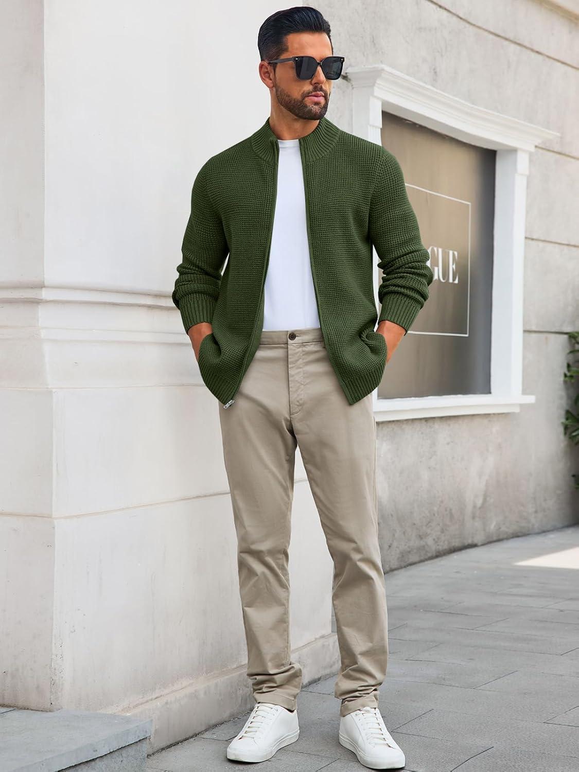 imageRuncati Mens Full Zip Cardigan Sweater Casual Waffle Stand Collar Knitted Winter Chunky SweatersArmy Green