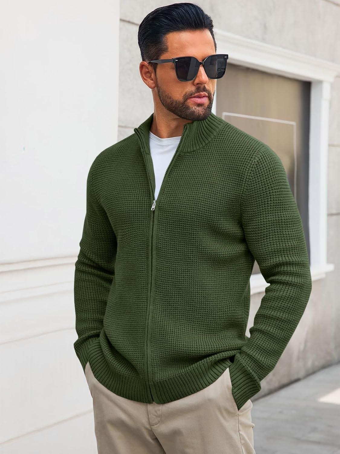 imageRuncati Mens Full Zip Cardigan Sweater Casual Waffle Stand Collar Knitted Winter Chunky SweatersArmy Green