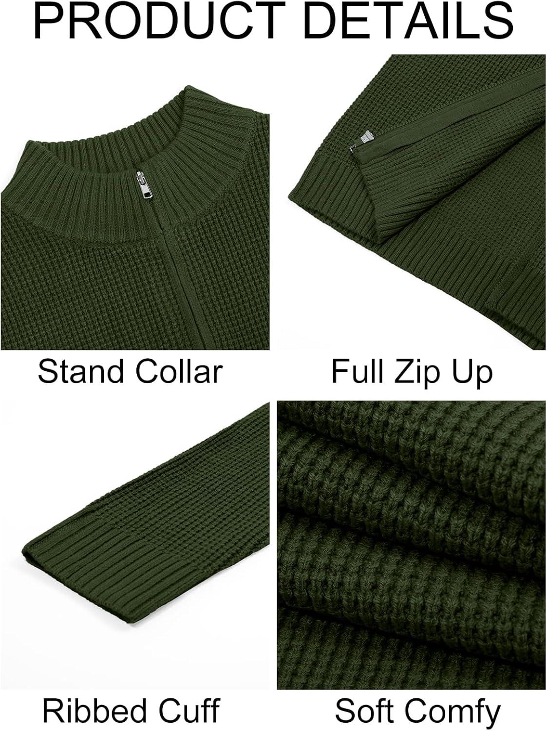 imageRuncati Mens Full Zip Cardigan Sweater Casual Waffle Stand Collar Knitted Winter Chunky SweatersArmy Green