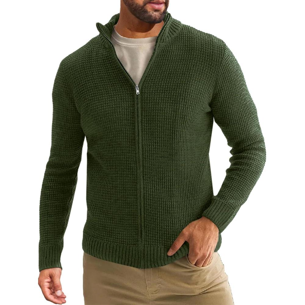 imageRuncati Mens Full Zip Cardigan Sweater Casual Waffle Stand Collar Knitted Winter Chunky SweatersArmy Green