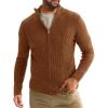 imageRuncati Mens Full Zip Cardigan Sweater Casual Waffle Stand Collar Knitted Winter Chunky SweatersBrown