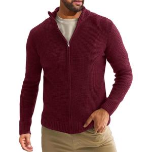 imageRuncati Mens Full Zip Cardigan Sweater Casual Waffle Stand Collar Knitted Winter Chunky SweatersWine Red