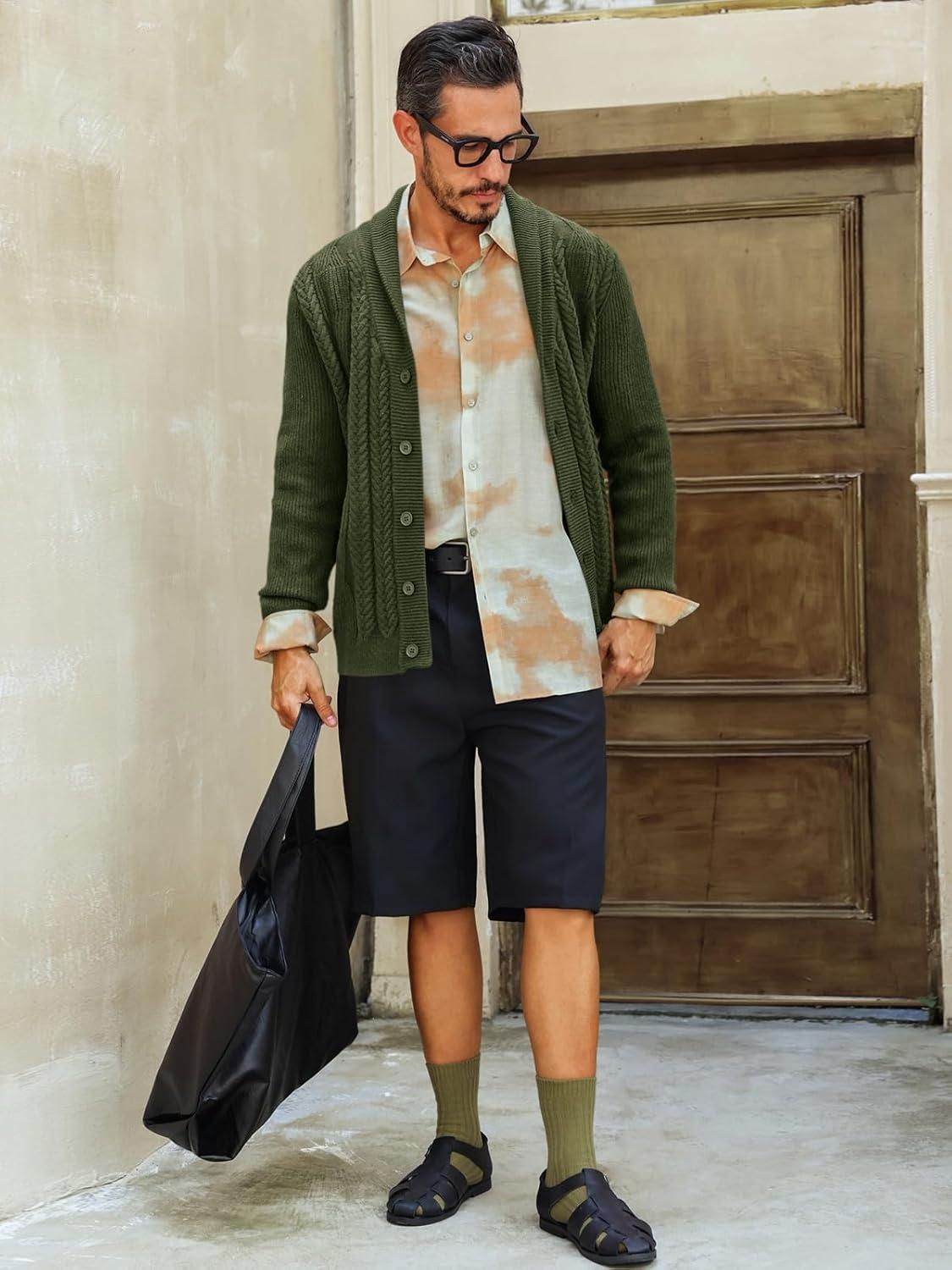 imageRuncati Mens Shawl Collar Cardigan Sweater Cable Knit Button Down Sweaters Long Sleeve Casual Winter OutwearArmy Green