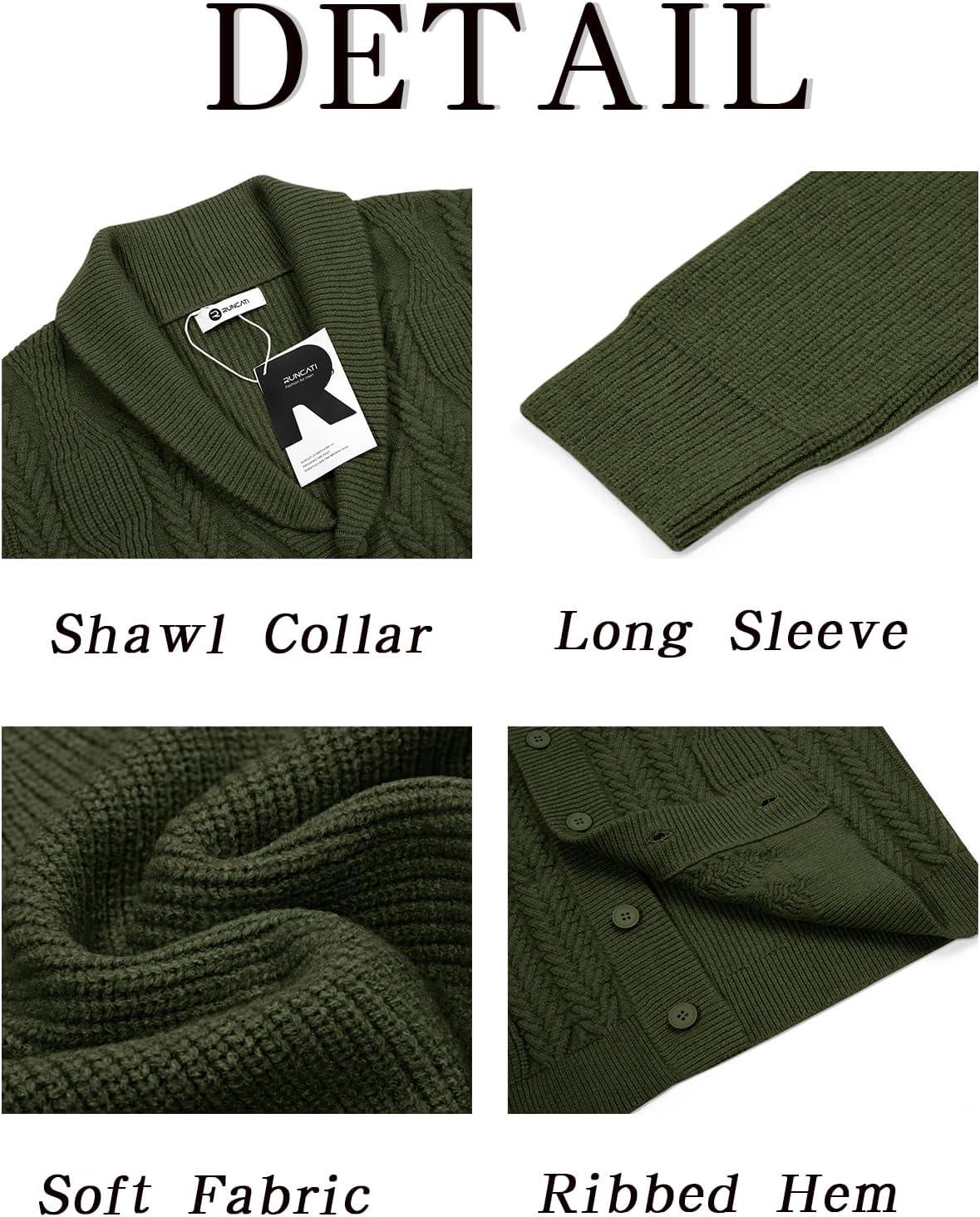 imageRuncati Mens Shawl Collar Cardigan Sweater Cable Knit Button Down Sweaters Long Sleeve Casual Winter OutwearArmy Green