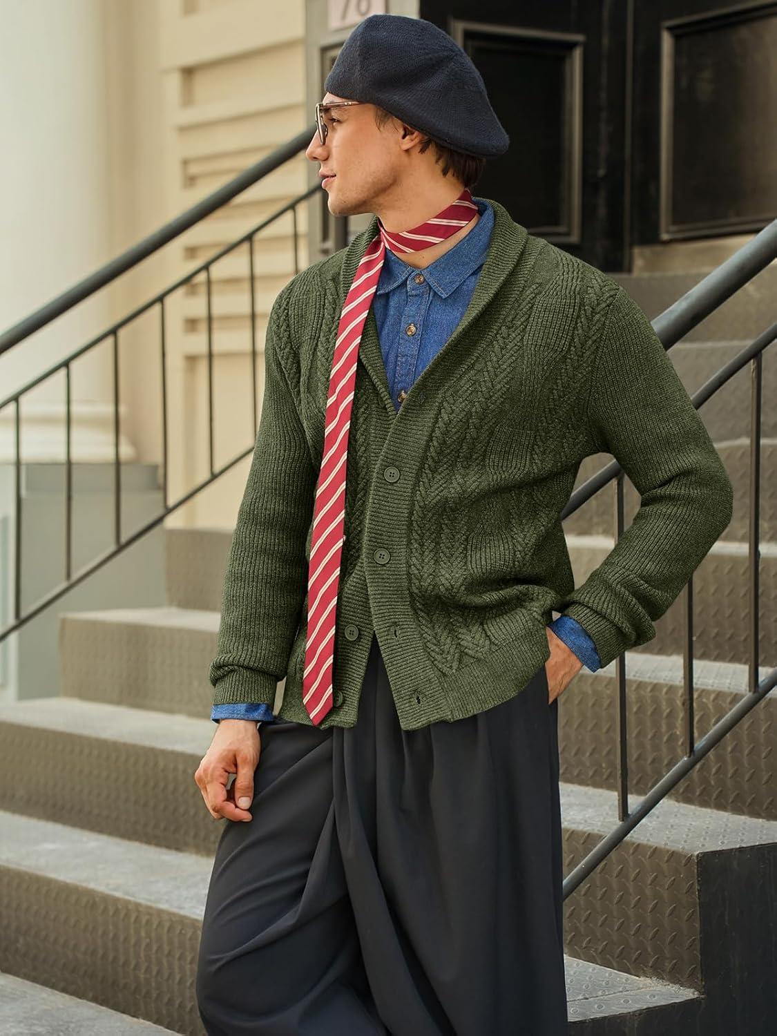 imageRuncati Mens Shawl Collar Cardigan Sweater Cable Knit Button Down Sweaters Long Sleeve Casual Winter OutwearArmy Green