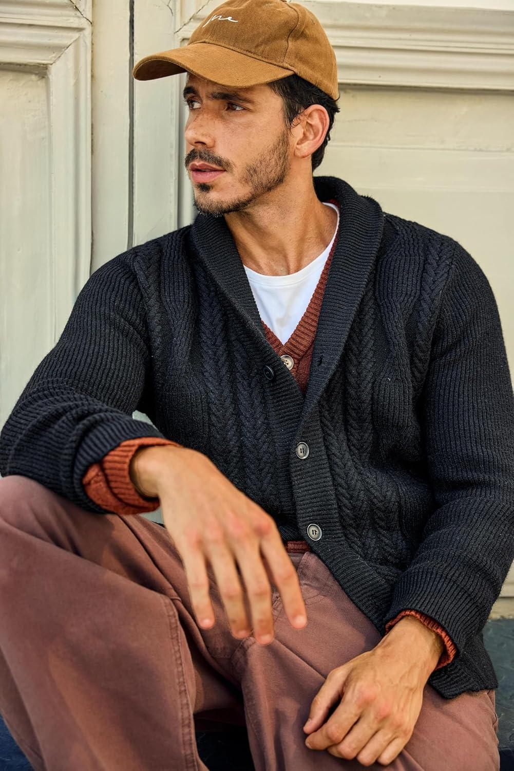 imageRuncati Mens Shawl Collar Cardigan Sweater Cable Knit Button Down Sweaters Long Sleeve Casual Winter OutwearBlack