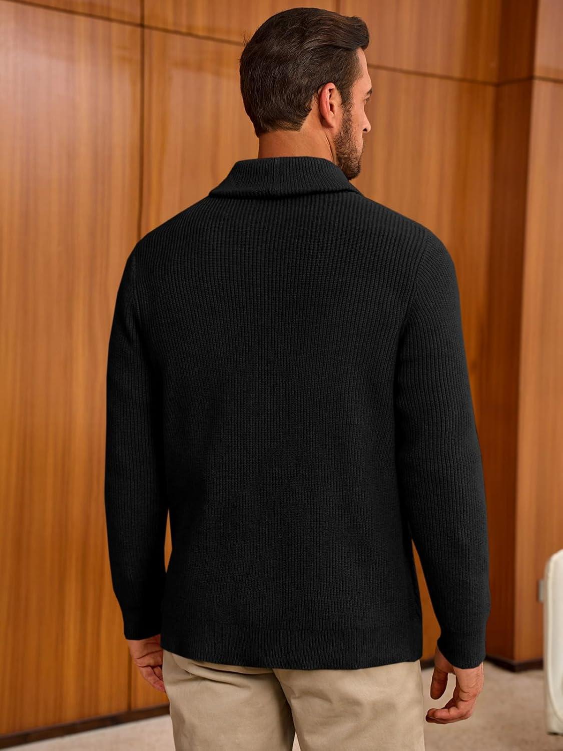 imageRuncati Mens Shawl Collar Cardigan Sweater Cable Knit Button Down Sweaters Long Sleeve Casual Winter OutwearBlack