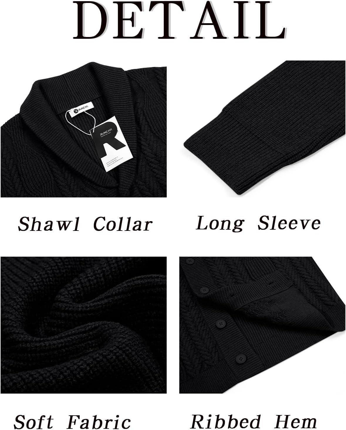 imageRuncati Mens Shawl Collar Cardigan Sweater Cable Knit Button Down Sweaters Long Sleeve Casual Winter OutwearBlack