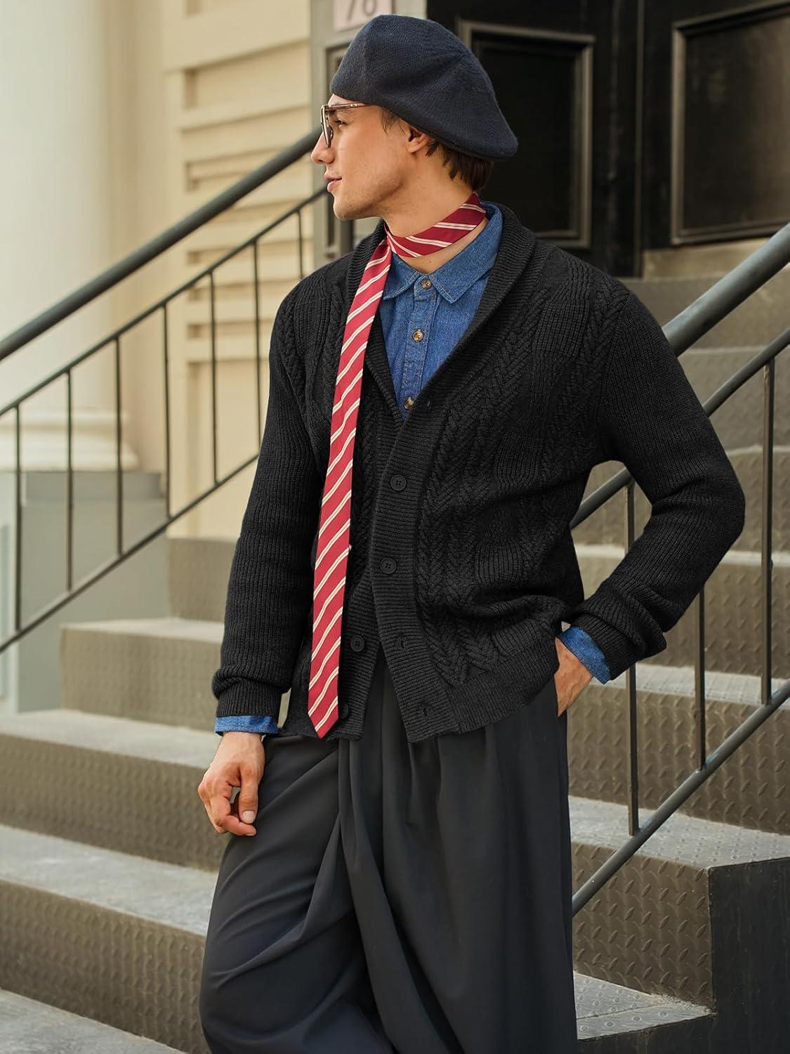 imageRuncati Mens Shawl Collar Cardigan Sweater Cable Knit Button Down Sweaters Long Sleeve Casual Winter OutwearBlack