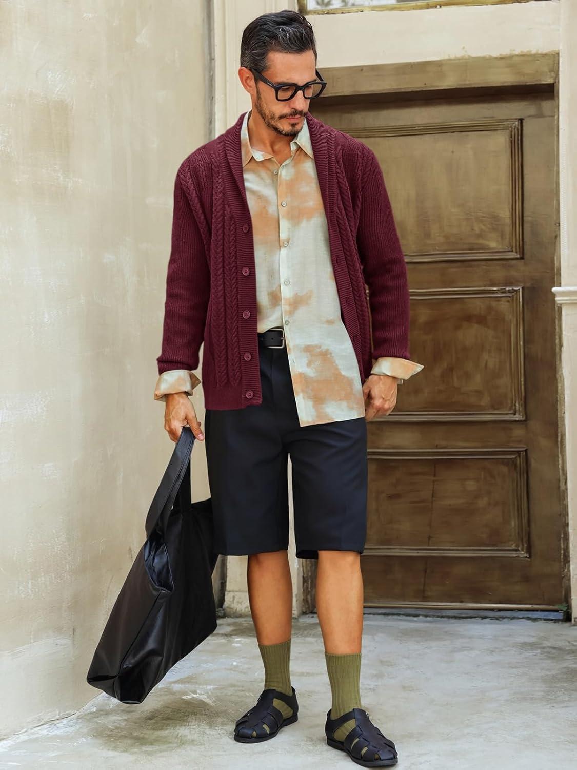 imageRuncati Mens Shawl Collar Cardigan Sweater Cable Knit Button Down Sweaters Long Sleeve Casual Winter OutwearBurgundy