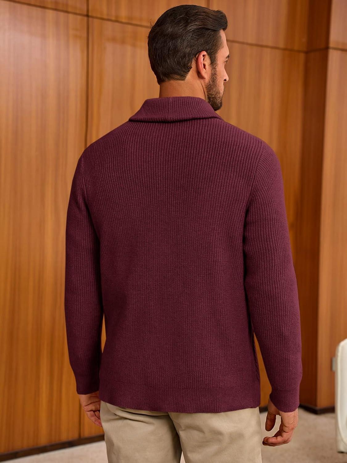 imageRuncati Mens Shawl Collar Cardigan Sweater Cable Knit Button Down Sweaters Long Sleeve Casual Winter OutwearBurgundy