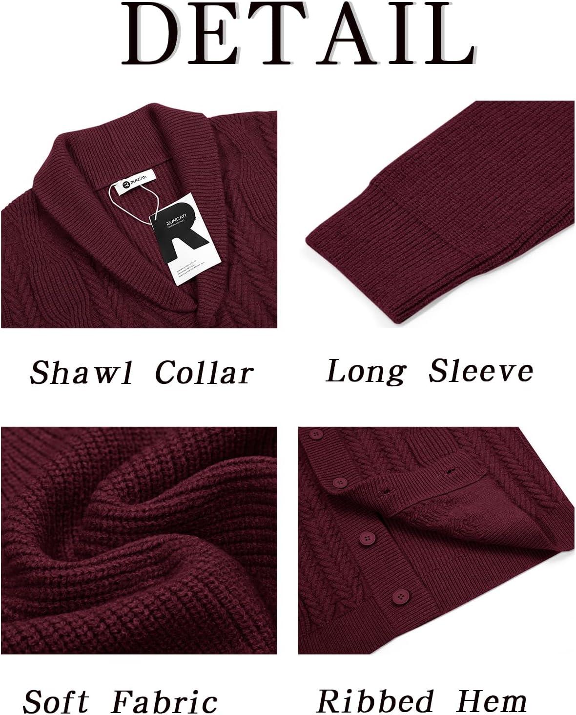 imageRuncati Mens Shawl Collar Cardigan Sweater Cable Knit Button Down Sweaters Long Sleeve Casual Winter OutwearBurgundy