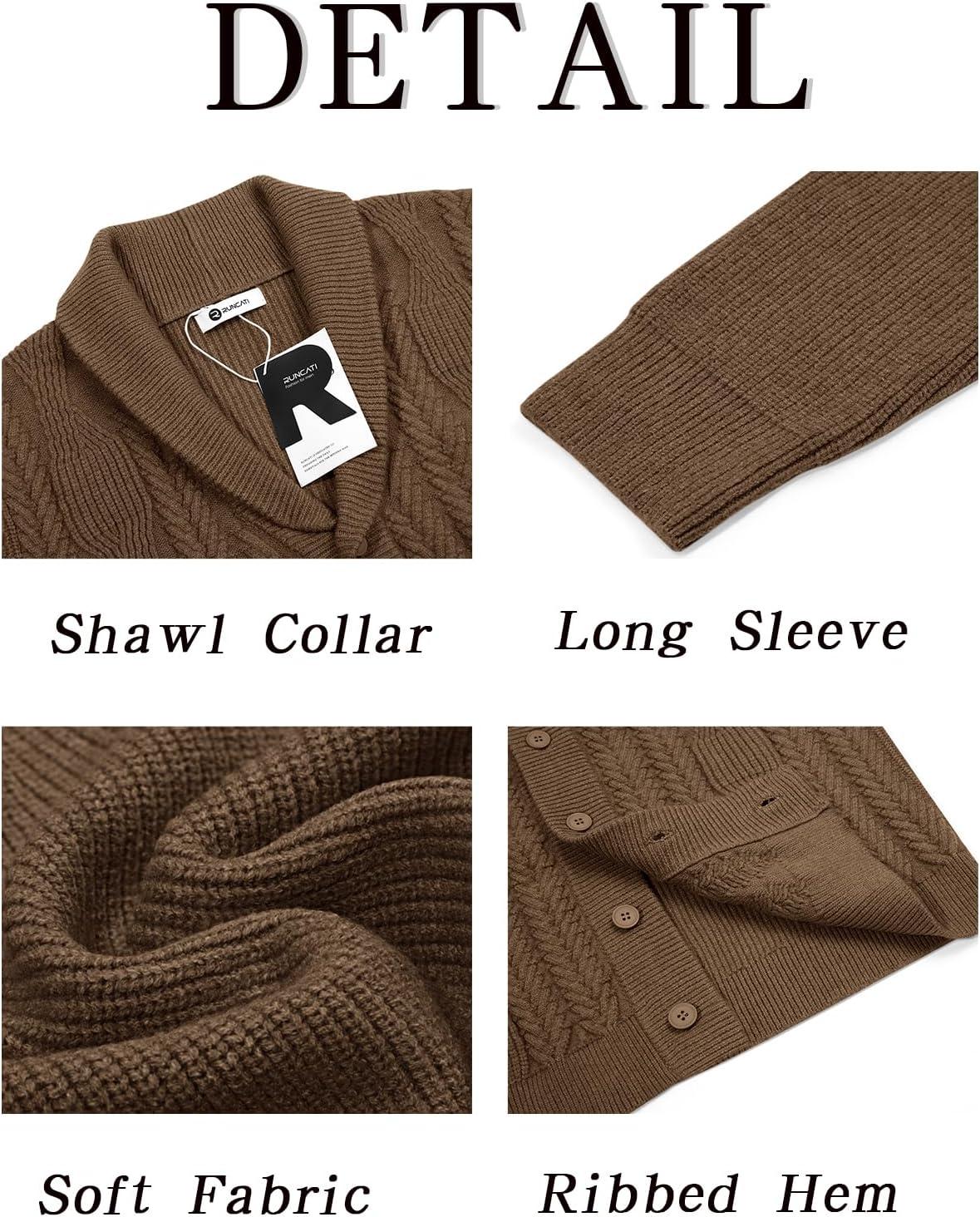 imageRuncati Mens Shawl Collar Cardigan Sweater Cable Knit Button Down Sweaters Long Sleeve Casual Winter OutwearCoffee