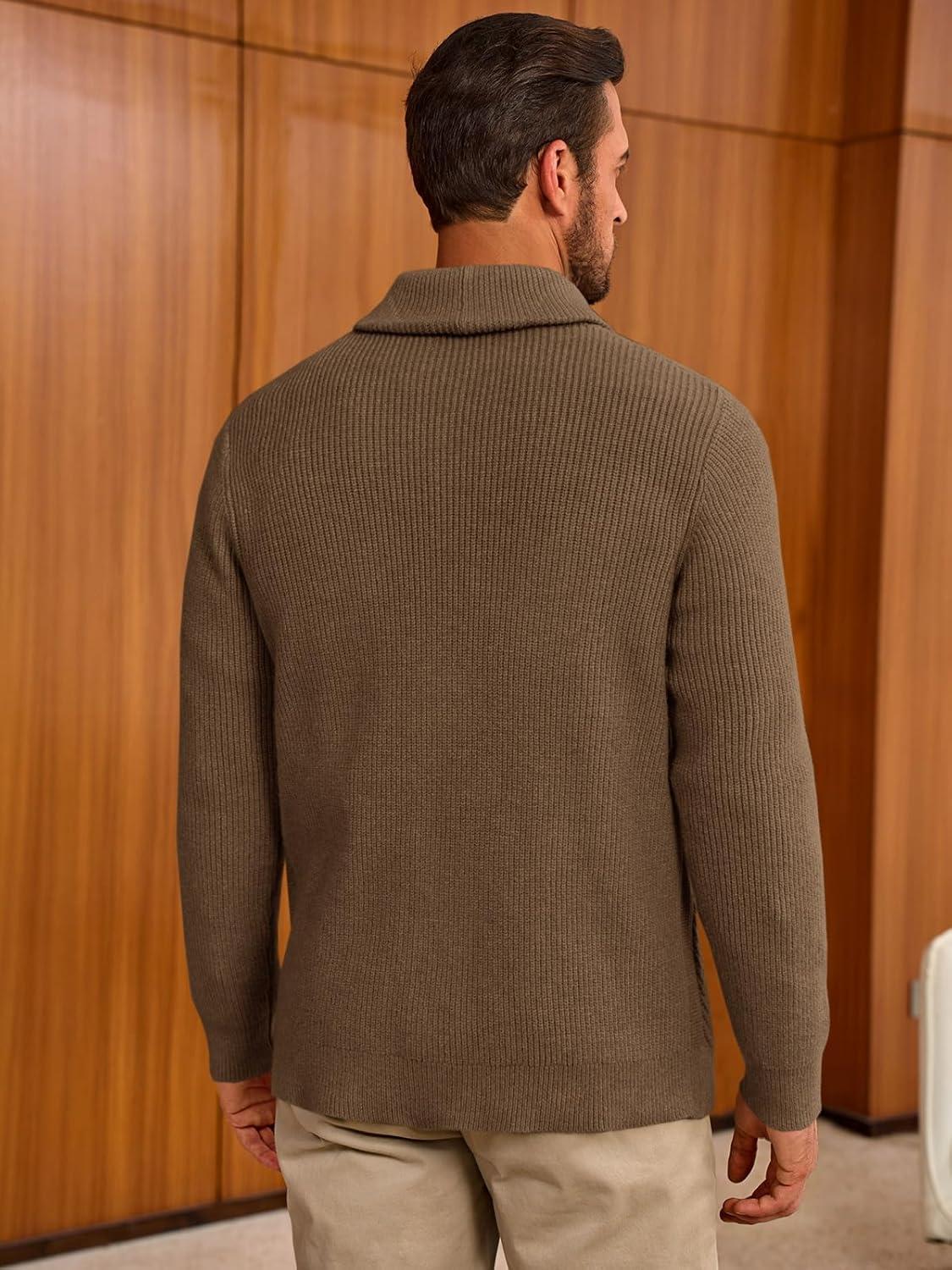 imageRuncati Mens Shawl Collar Cardigan Sweater Cable Knit Button Down Sweaters Long Sleeve Casual Winter OutwearCoffee