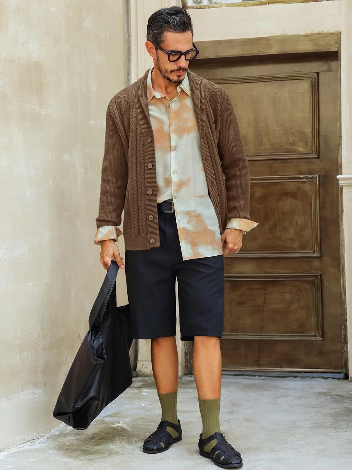 imageRuncati Mens Shawl Collar Cardigan Sweater Cable Knit Button Down Sweaters Long Sleeve Casual Winter OutwearCoffee