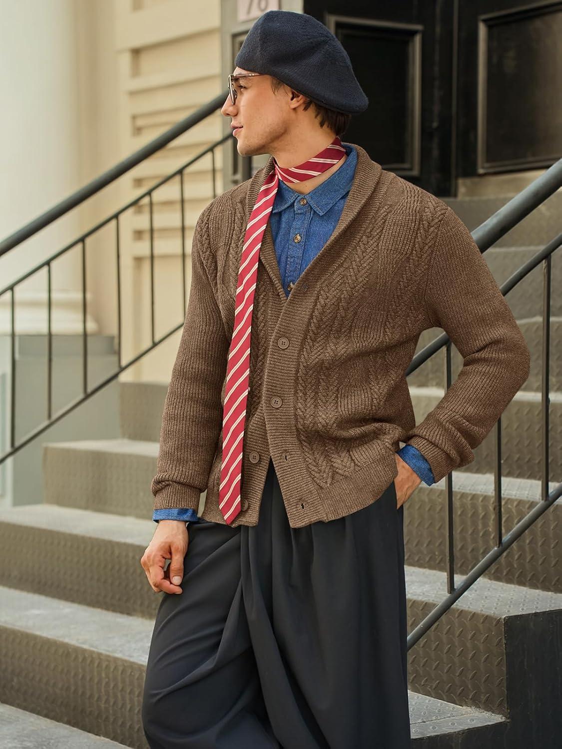 imageRuncati Mens Shawl Collar Cardigan Sweater Cable Knit Button Down Sweaters Long Sleeve Casual Winter OutwearCoffee