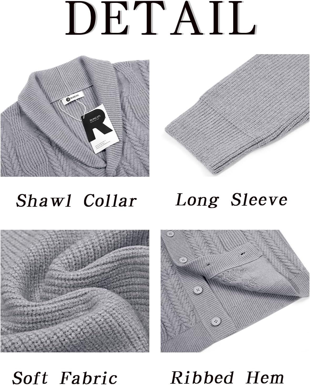 imageRuncati Mens Shawl Collar Cardigan Sweater Cable Knit Button Down Sweaters Long Sleeve Casual Winter OutwearGrey