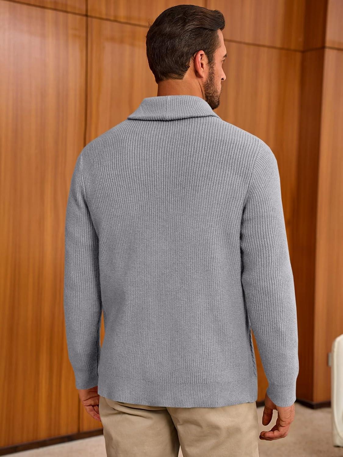 imageRuncati Mens Shawl Collar Cardigan Sweater Cable Knit Button Down Sweaters Long Sleeve Casual Winter OutwearGrey