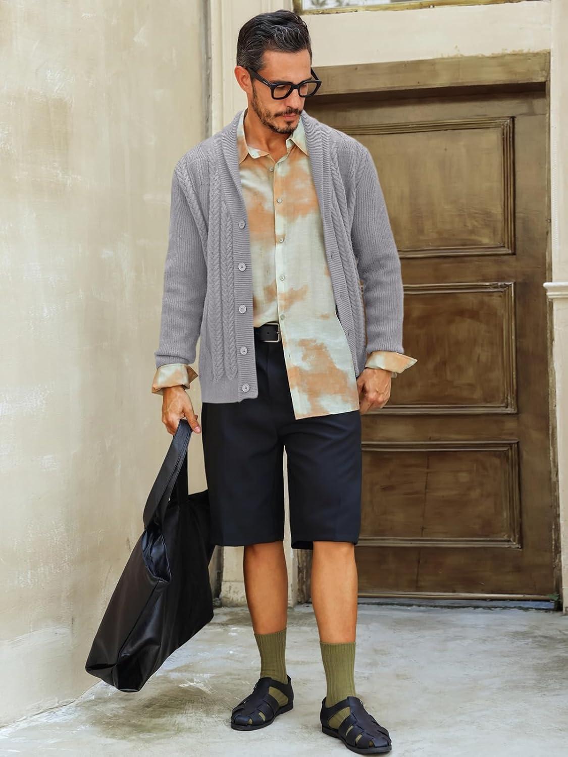 imageRuncati Mens Shawl Collar Cardigan Sweater Cable Knit Button Down Sweaters Long Sleeve Casual Winter OutwearGrey