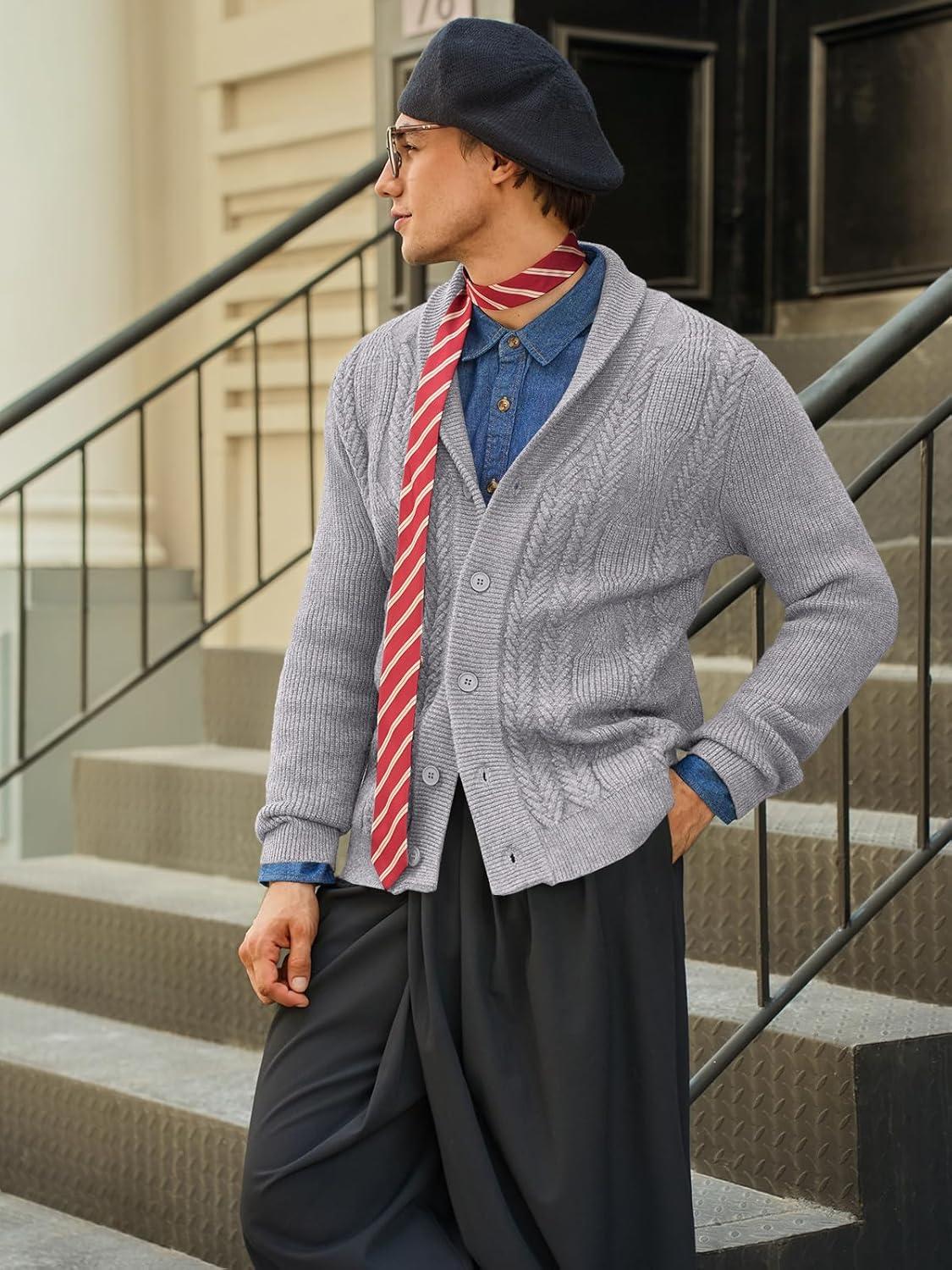 imageRuncati Mens Shawl Collar Cardigan Sweater Cable Knit Button Down Sweaters Long Sleeve Casual Winter OutwearGrey