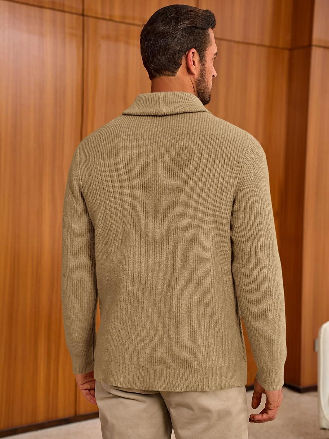 imageRuncati Mens Shawl Collar Cardigan Sweater Cable Knit Button Down Sweaters Long Sleeve Casual Winter OutwearKhaki