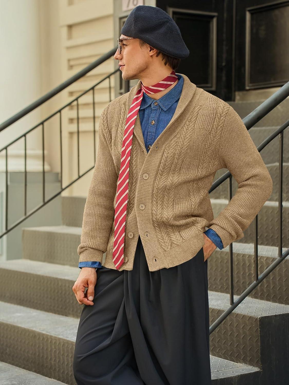 imageRuncati Mens Shawl Collar Cardigan Sweater Cable Knit Button Down Sweaters Long Sleeve Casual Winter OutwearKhaki