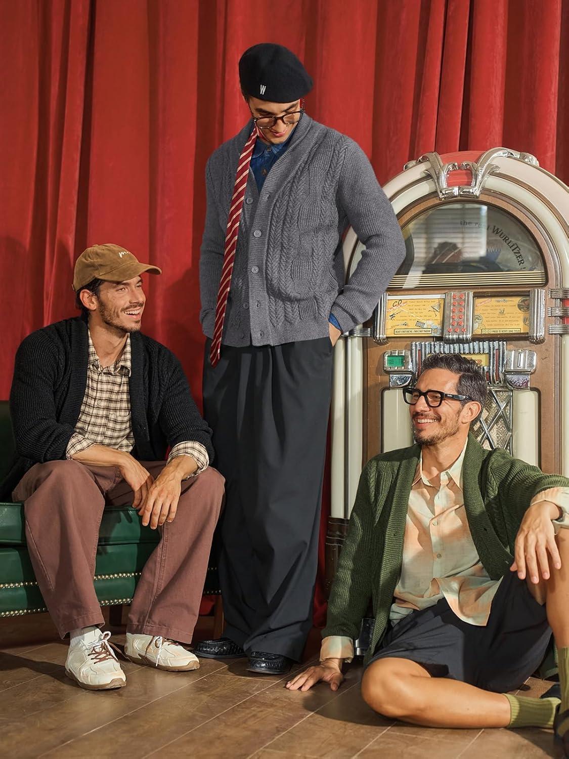 imageRuncati Mens Shawl Collar Cardigan Sweater Cable Knit Button Down Sweaters Long Sleeve Casual Winter OutwearNavy