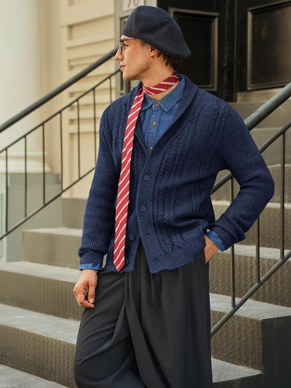 imageRuncati Mens Shawl Collar Cardigan Sweater Cable Knit Button Down Sweaters Long Sleeve Casual Winter OutwearNavy