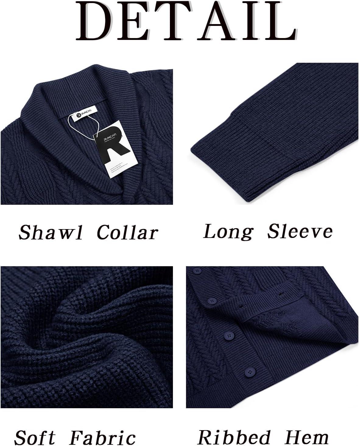 imageRuncati Mens Shawl Collar Cardigan Sweater Cable Knit Button Down Sweaters Long Sleeve Casual Winter OutwearNavy