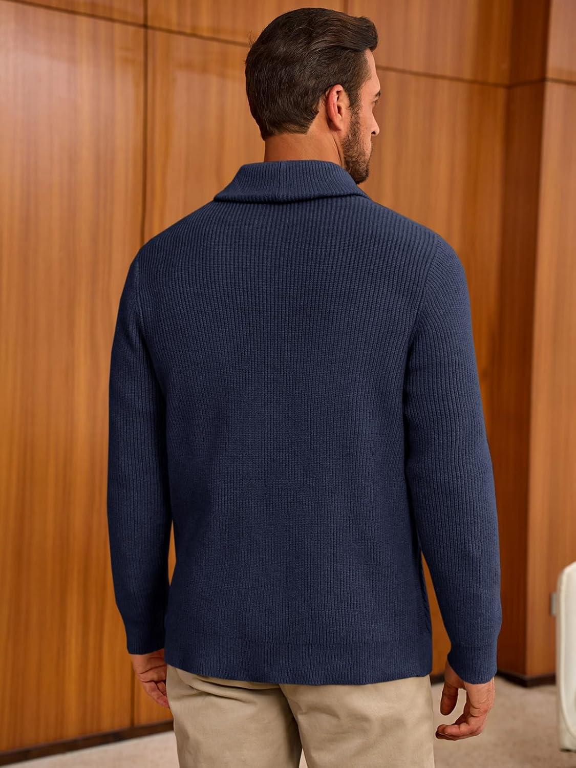 imageRuncati Mens Shawl Collar Cardigan Sweater Cable Knit Button Down Sweaters Long Sleeve Casual Winter OutwearNavy