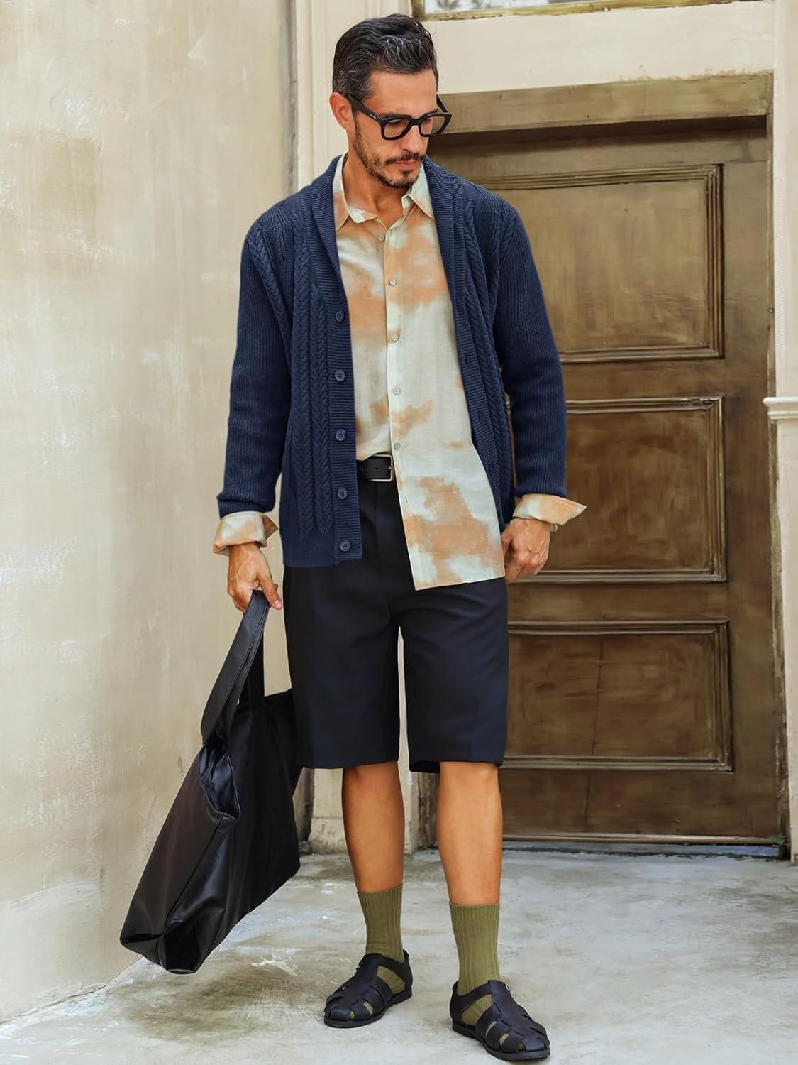 imageRuncati Mens Shawl Collar Cardigan Sweater Cable Knit Button Down Sweaters Long Sleeve Casual Winter OutwearNavy