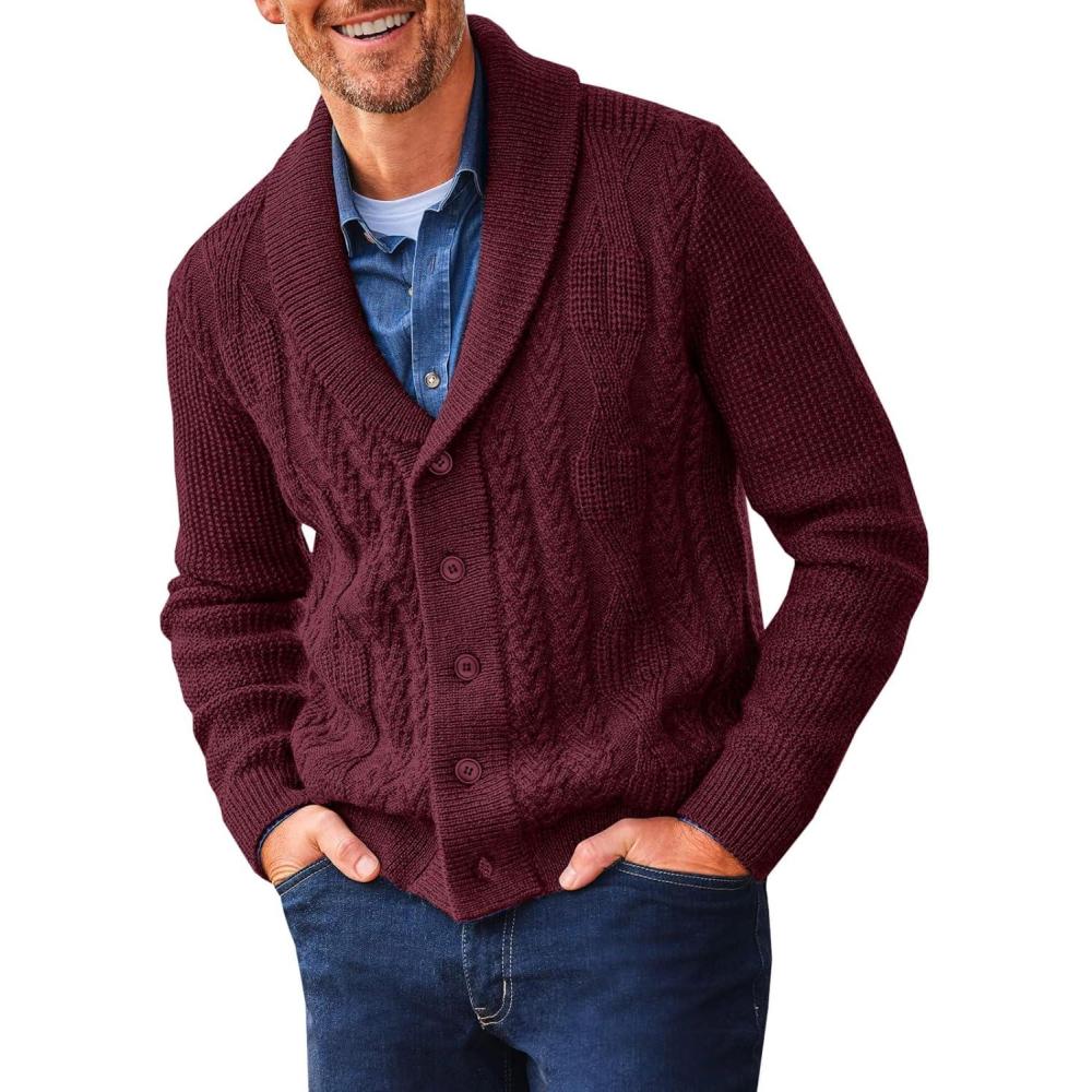 imageRuncati Mens Shawl Collar Cardigan Sweater Cable Knit Button Down Sweaters Long Sleeve Casual Winter OutwearBurgundy