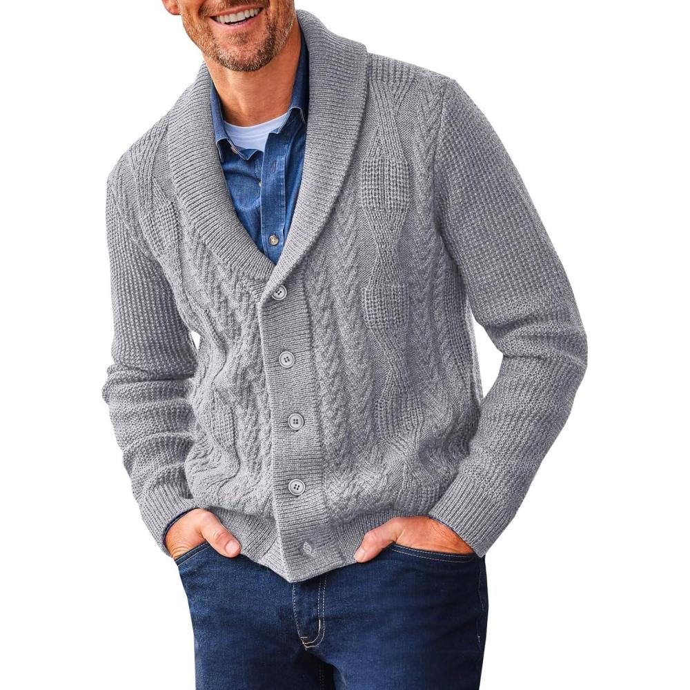 imageRuncati Mens Shawl Collar Cardigan Sweater Cable Knit Button Down Sweaters Long Sleeve Casual Winter OutwearGrey