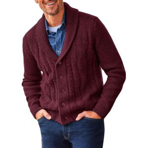 imageRuncati Mens Shawl Collar Cardigan Sweater Cable Knit Button Down Sweaters Long Sleeve Casual Winter OutwearBurgundy