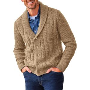 imageRuncati Mens Shawl Collar Cardigan Sweater Cable Knit Button Down Sweaters Long Sleeve Casual Winter OutwearKhaki