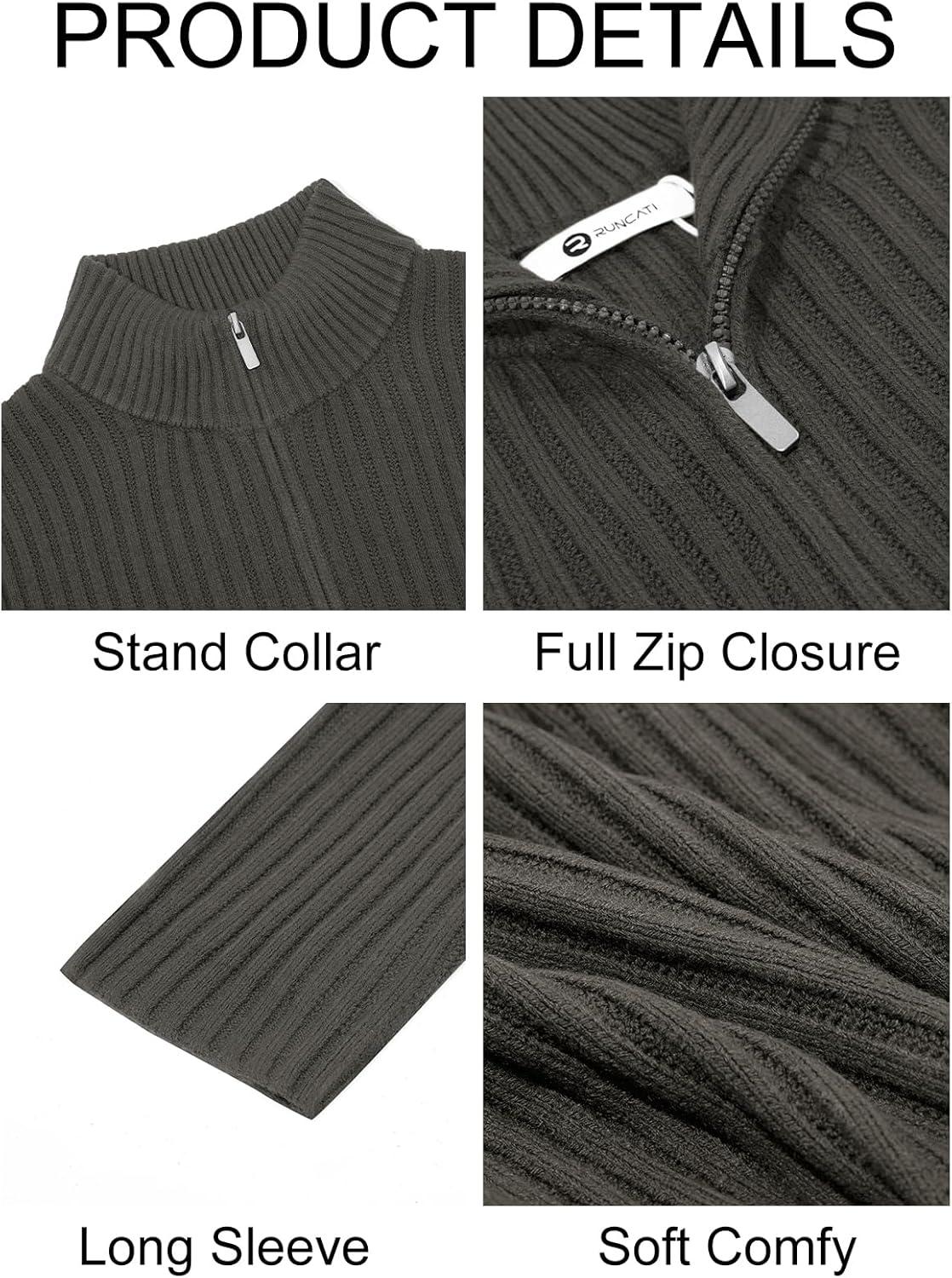 imageRuncati Mens Full Zip Cardigan Sweater Casual Mock Neck Ribbed Knitted Winter Chunky SweatersDark Gray