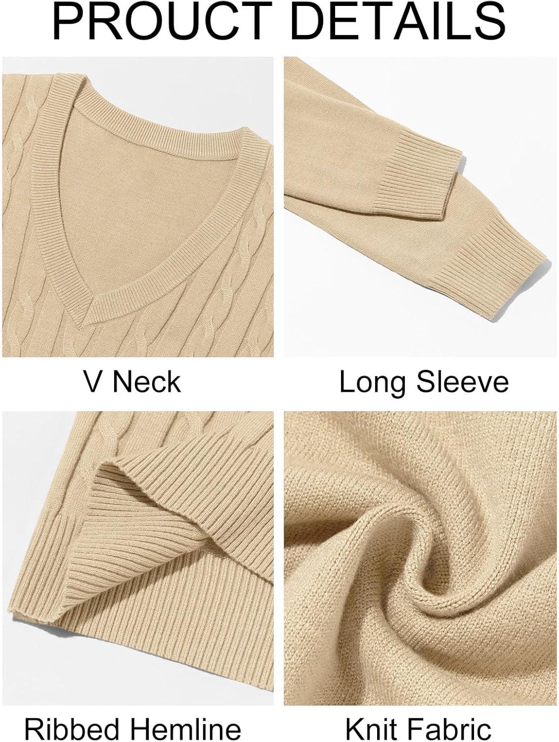 imageRuncati Mens V Neck Sweater Cable Knit Long Sleeve Casual Ribbed Twisted Pullover SweatersBeige
