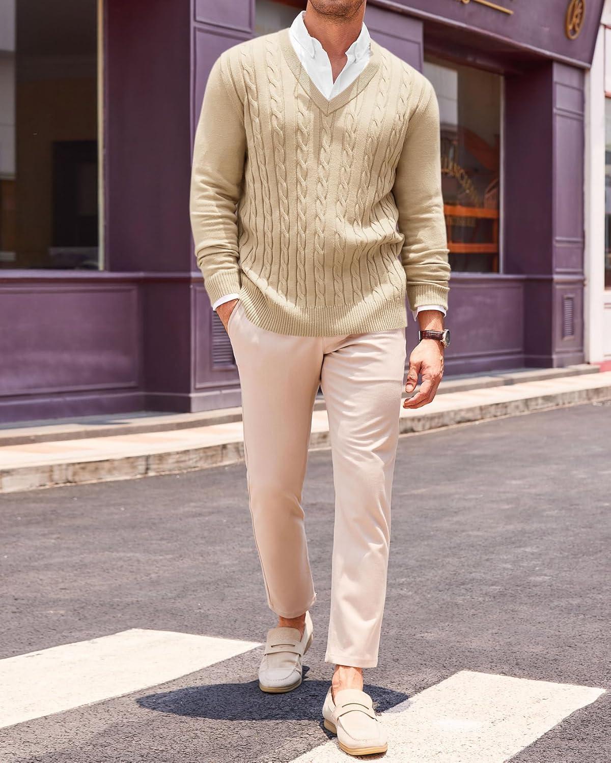 imageRuncati Mens V Neck Sweater Cable Knit Long Sleeve Casual Ribbed Twisted Pullover SweatersBeige