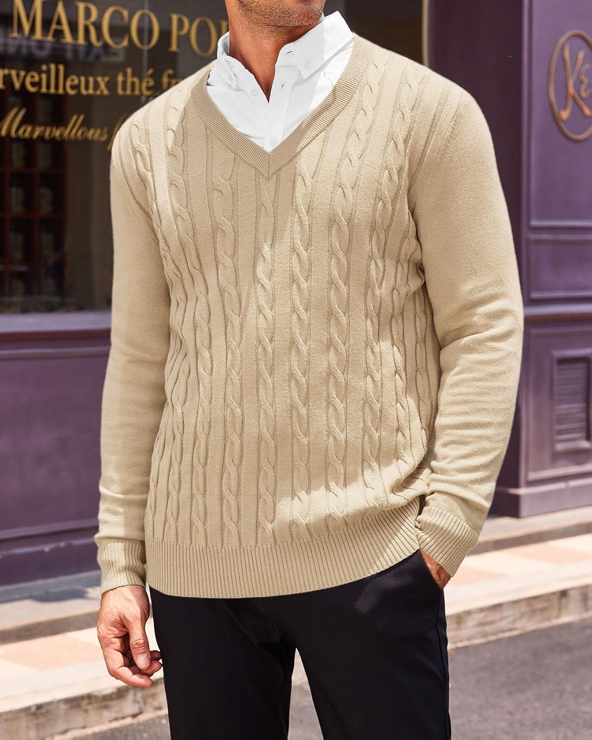 imageRuncati Mens V Neck Sweater Cable Knit Long Sleeve Casual Ribbed Twisted Pullover SweatersBeige