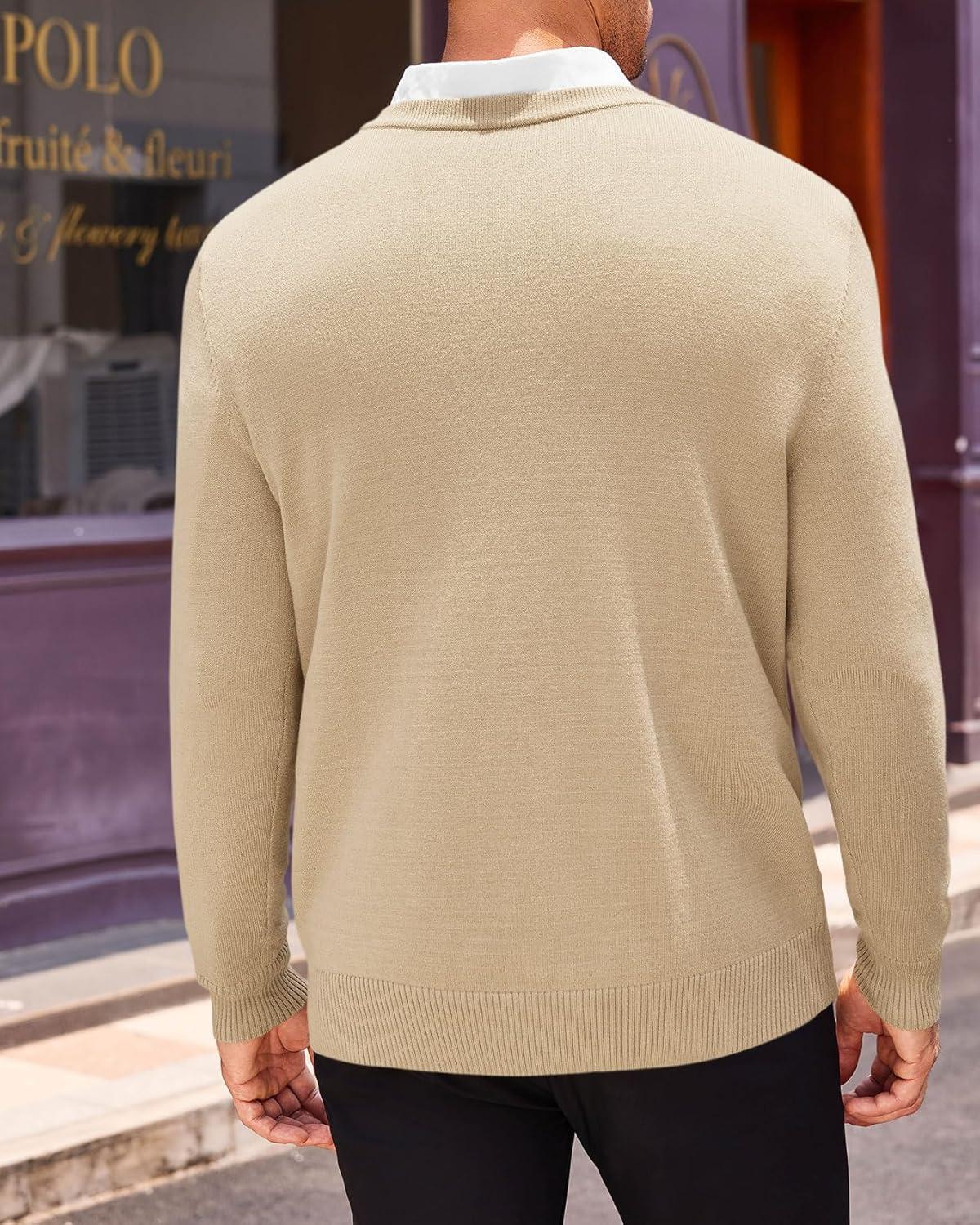 imageRuncati Mens V Neck Sweater Cable Knit Long Sleeve Casual Ribbed Twisted Pullover SweatersBeige